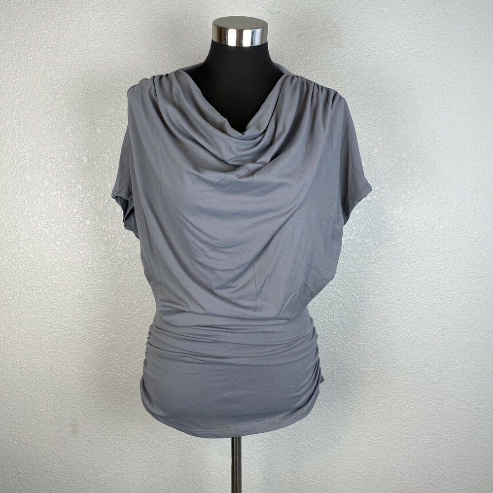 Susana Monaco Womens Ruched Tunic Top M Medium Gray Short Sleeve Draped Cowl